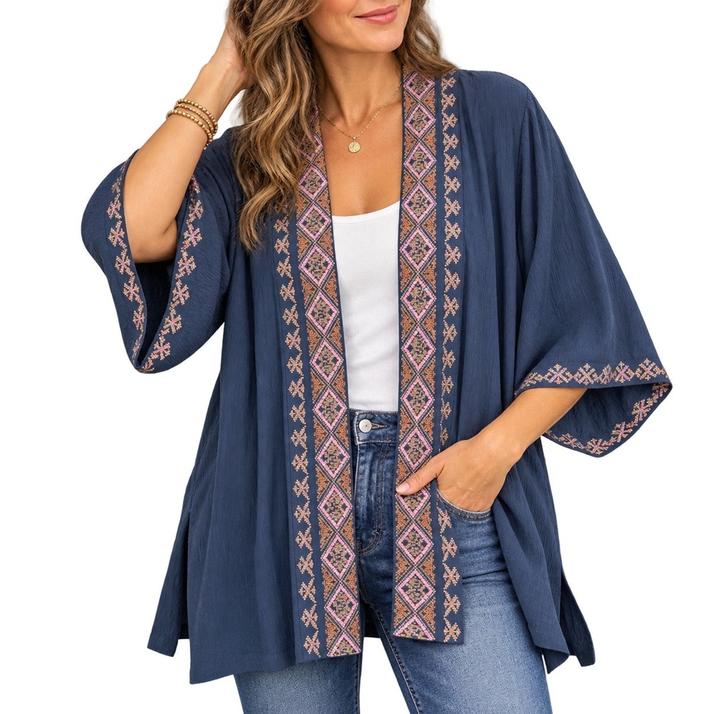 J. Jill Women's One Size Navy Embroidered Open Front Kimono Cardigan Boho Top OS
